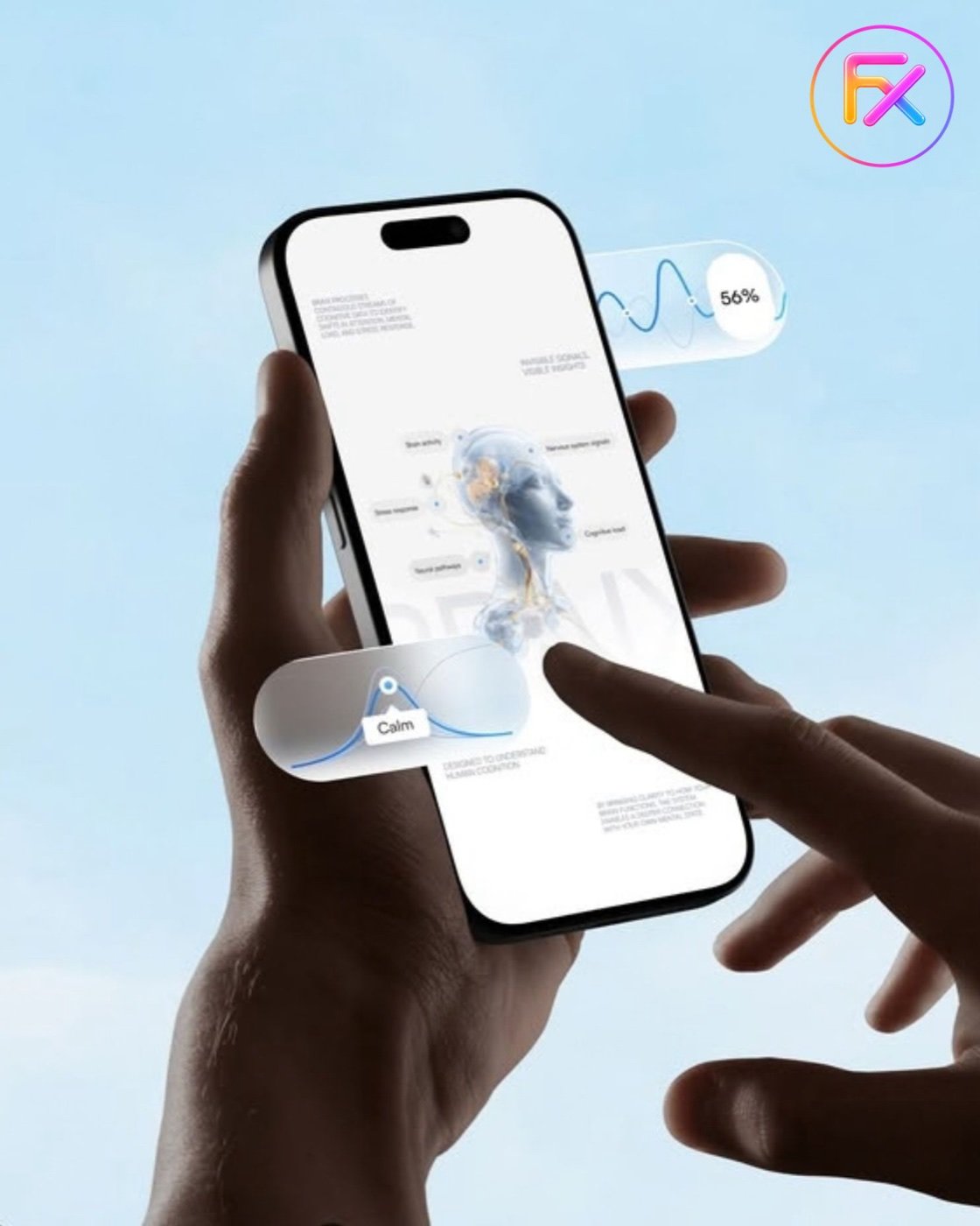 Hand holding a phone showing analytics widgets
